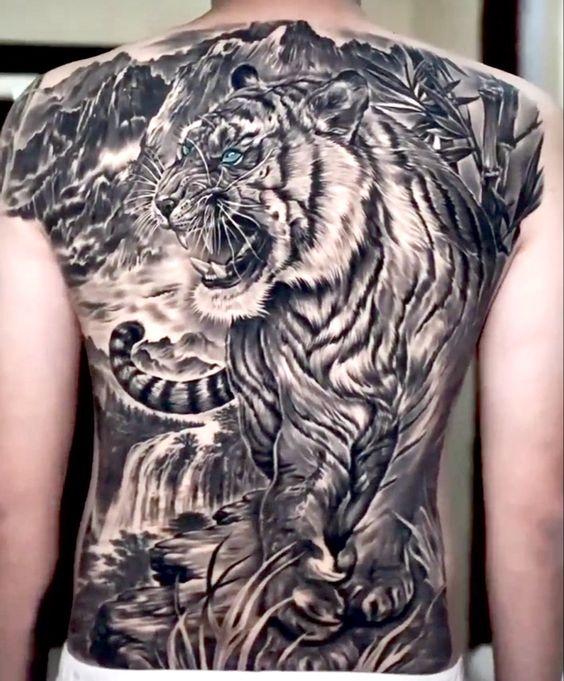 tattoo hình xăm hổ xuống núi đơn sắc kín lưng