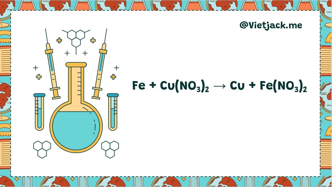 Fe + Cu(NO3)2 → Cu + Fe(NO3)2 | Fe ra Fe(NO3)2 | Fe ra Cu | Cu(NO3)2 ra Cu | Cu(NO3)2 ra Fe(NO3)2 (ảnh 1)