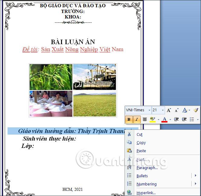 Mẫu bìa tiểu luận đơn giản trong Word