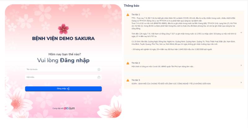 Giao diện giải pháp quản lý bệnh viện Sakura