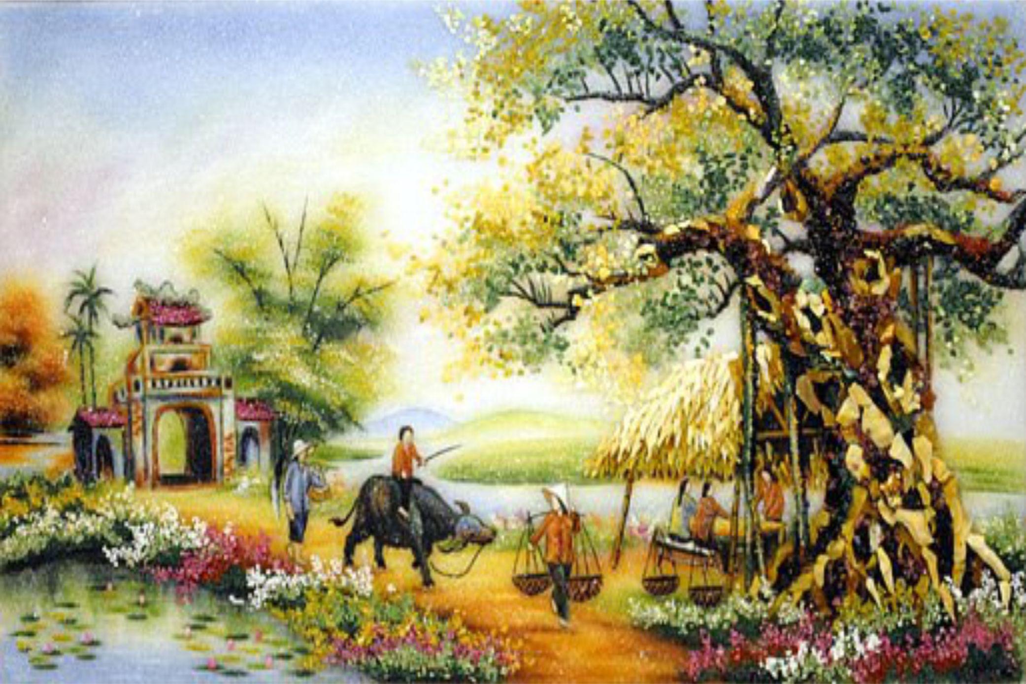 Tranh đá quý làng quê con trâu