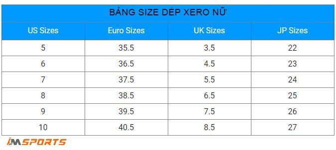 Bảng size dép chạy bộ nữ Xero