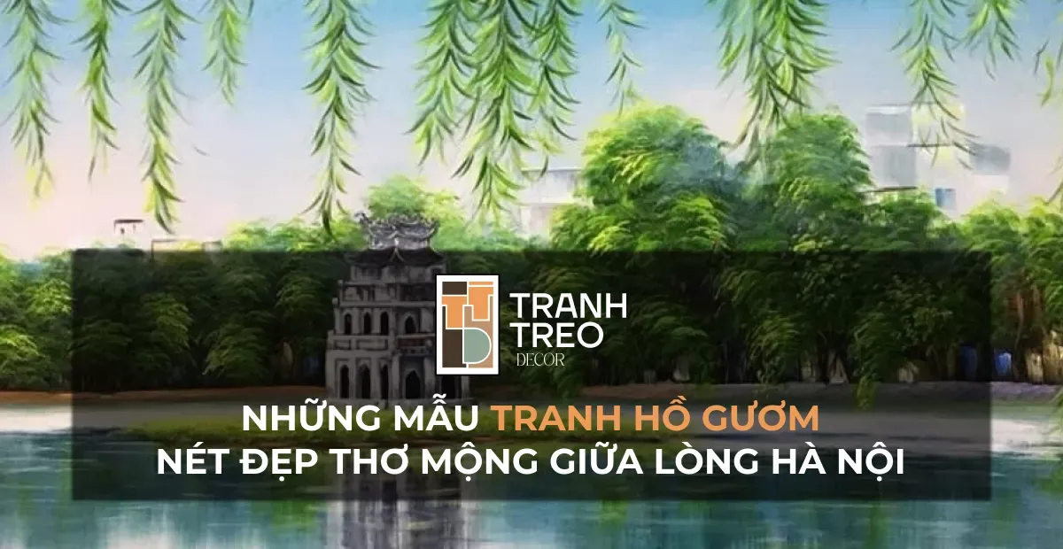 Phác họa Hồ Gươm đơn giản với cầu Thê Húc màu đỏ và Đền Ngọc Sơn ẩn hiện sau tán cây